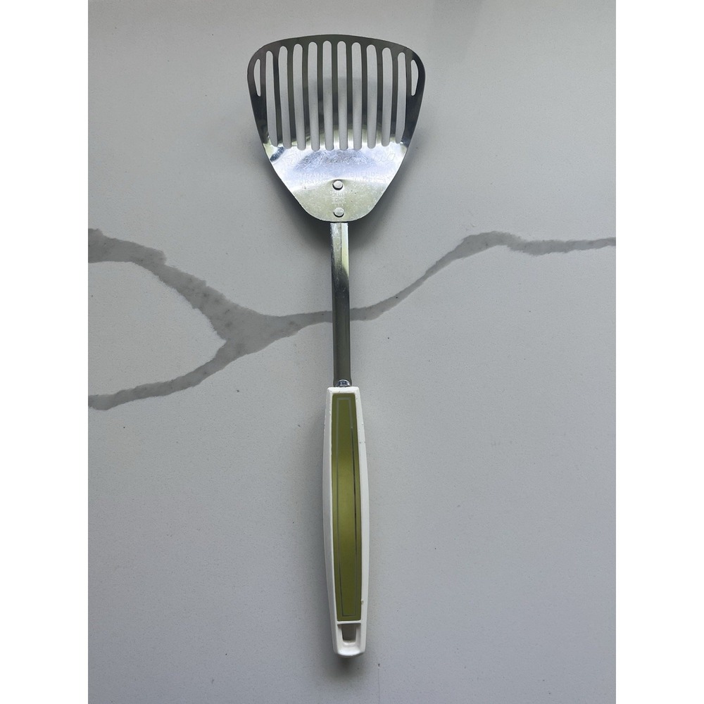 Vintage EKCO Kitchamajig Slotted Strainer Spoon Mixing Fry Spatula Green Handle